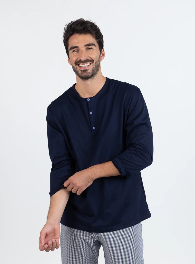 Pyjama homme en coton à carreaux bleus