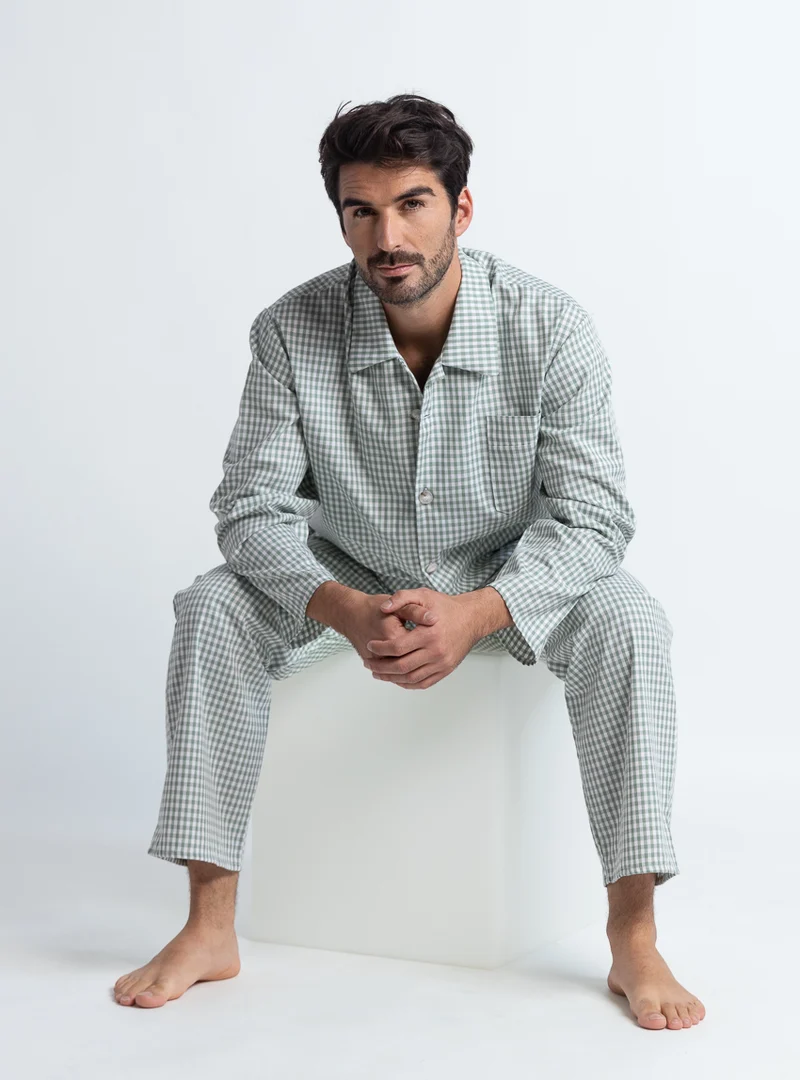 Pyjama homme en coton carreaux vert sauge