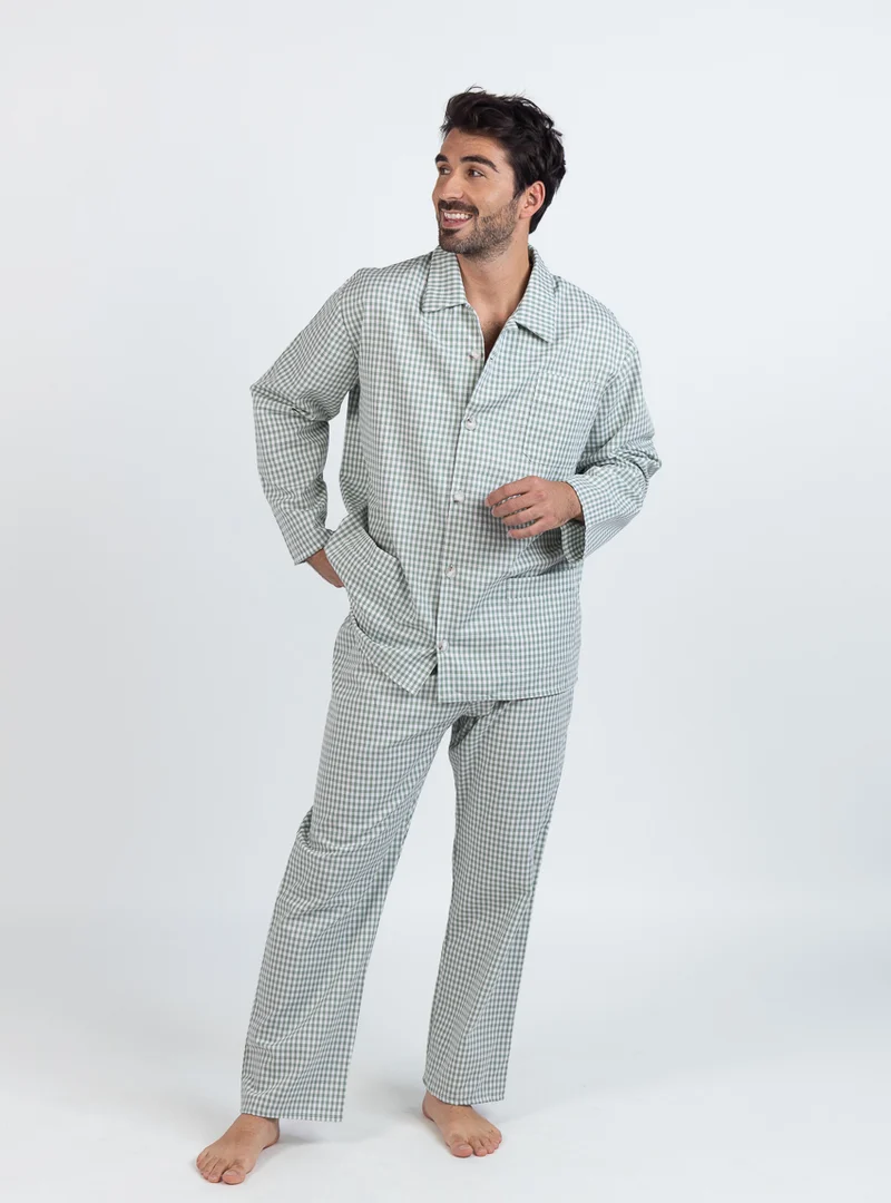 Pyjama homme en coton carreaux vert sauge