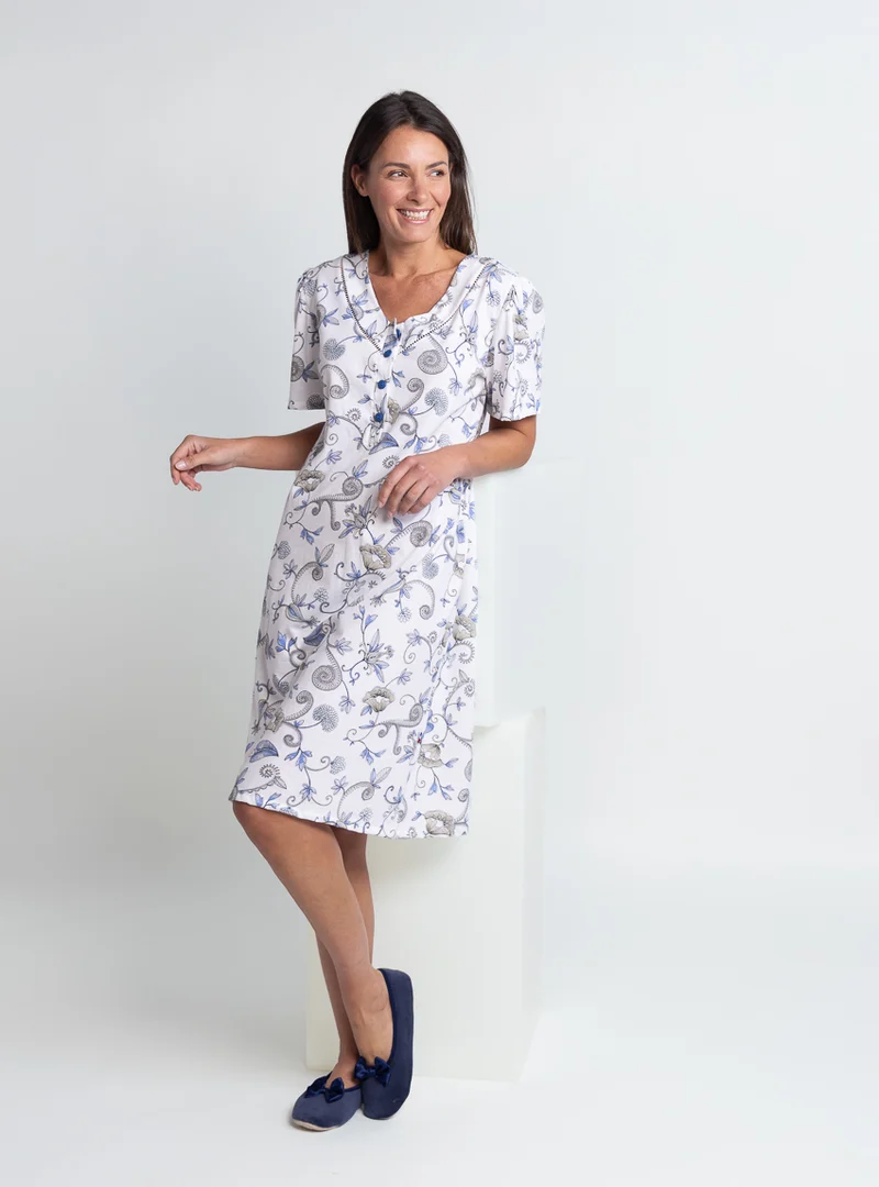 Chemise de nuit manches courtes femme en coton bleu
