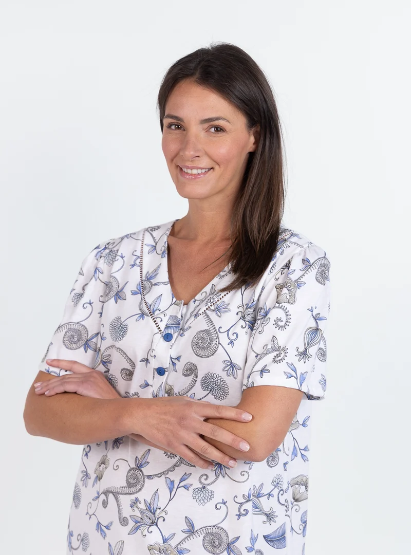 Chemise de nuit manches courtes femme en coton bleu