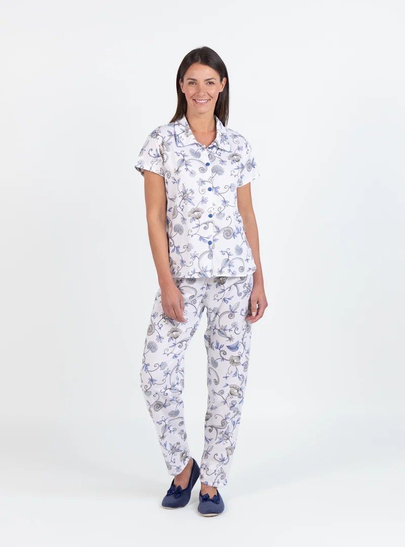Pyjama femme été en coton imprimé bleu