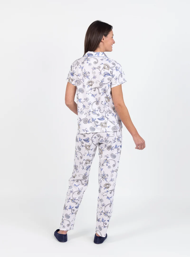 Pyjama femme été en coton imprimé bleu