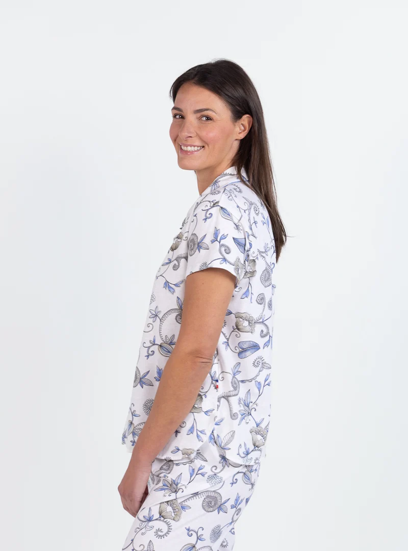 Pyjama femme été en coton imprimé bleu