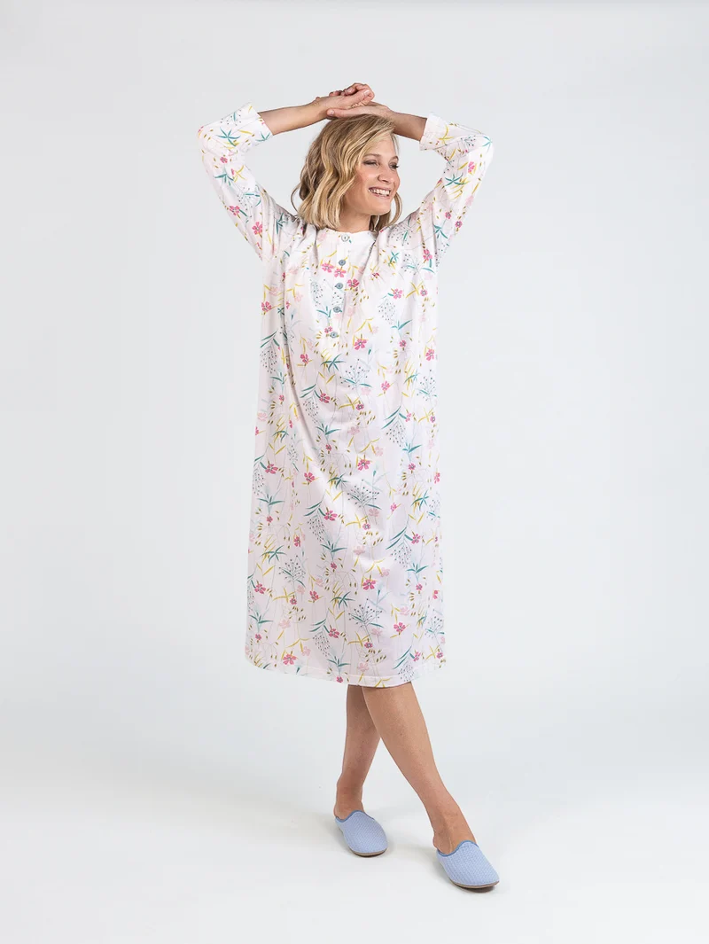 Chemise de nuit femme en coton floral rose poudre