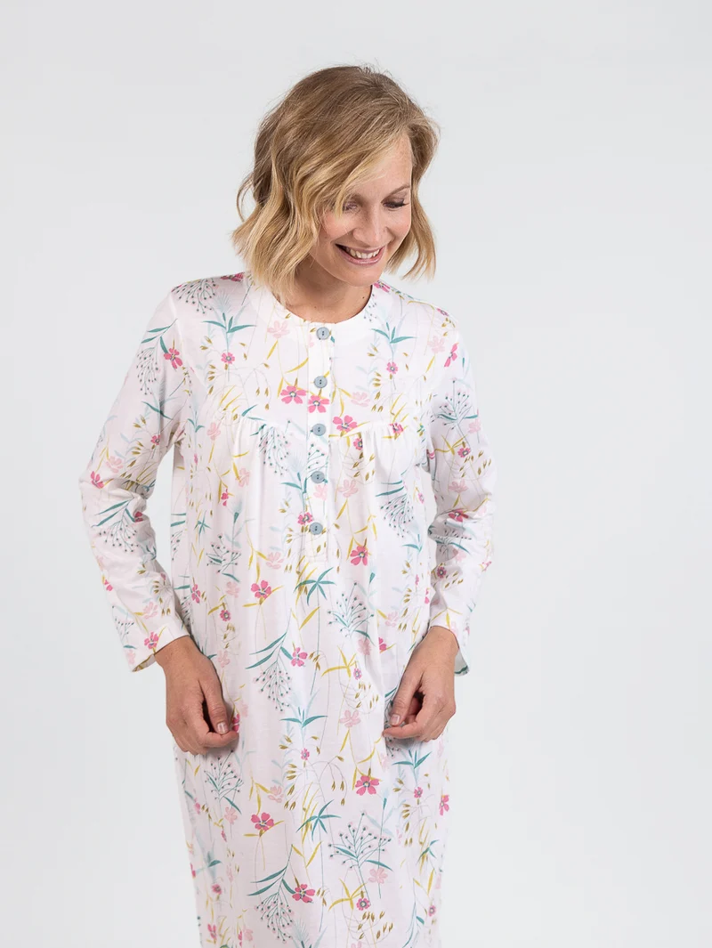 Chemise de nuit femme en coton floral rose poudre