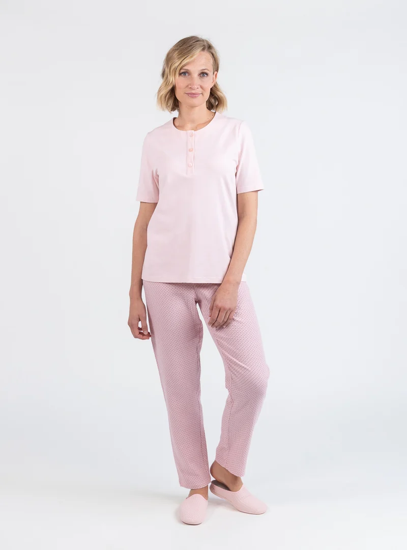 Pyjama femme manches courtes col rond en coton rose