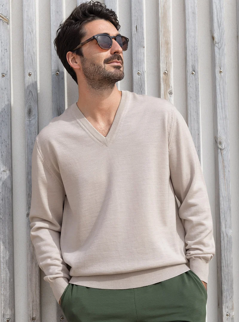 Pull homme col V 100% mérinos beige naturel