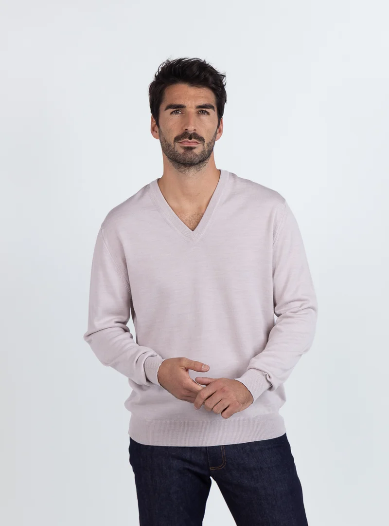 Pull homme col V 100% mérinos beige naturel