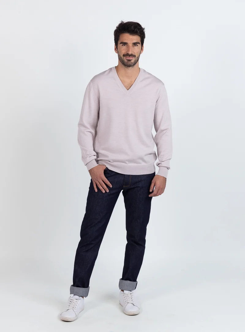 Pull homme col V 100% mérinos beige naturel