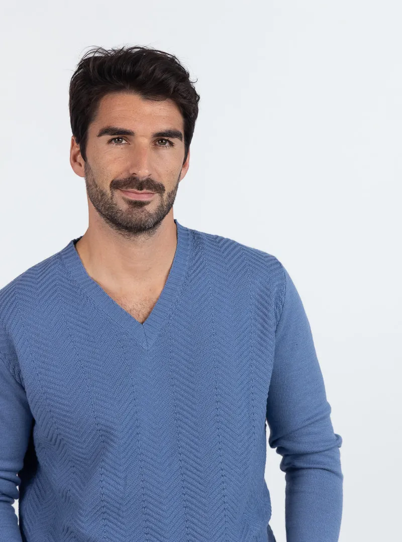 Pull homme col V chevrons en coton Bleu infini