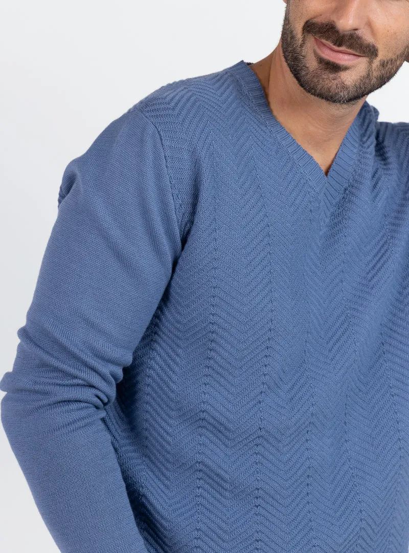 Pull homme col V chevrons en coton Bleu infini