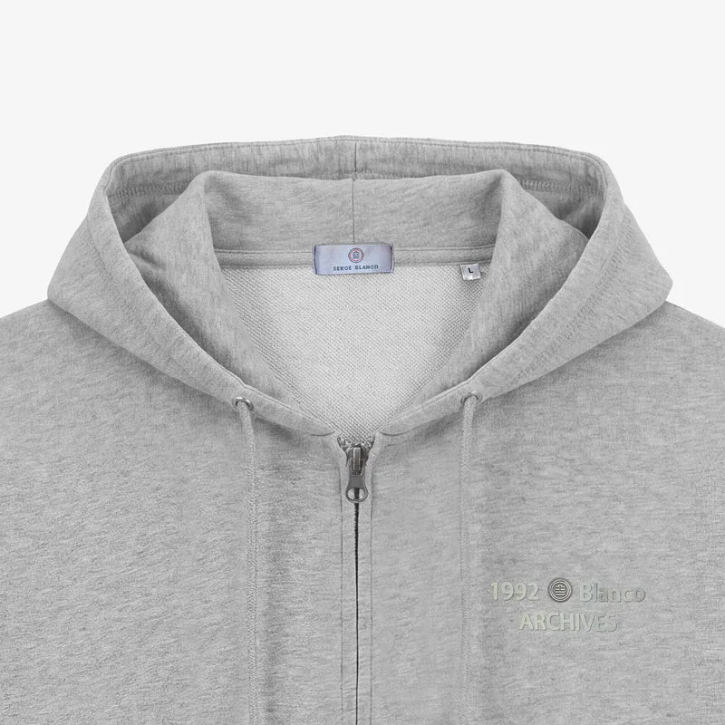 Sweat à capuche zippé teinture old en coton gris chiné
