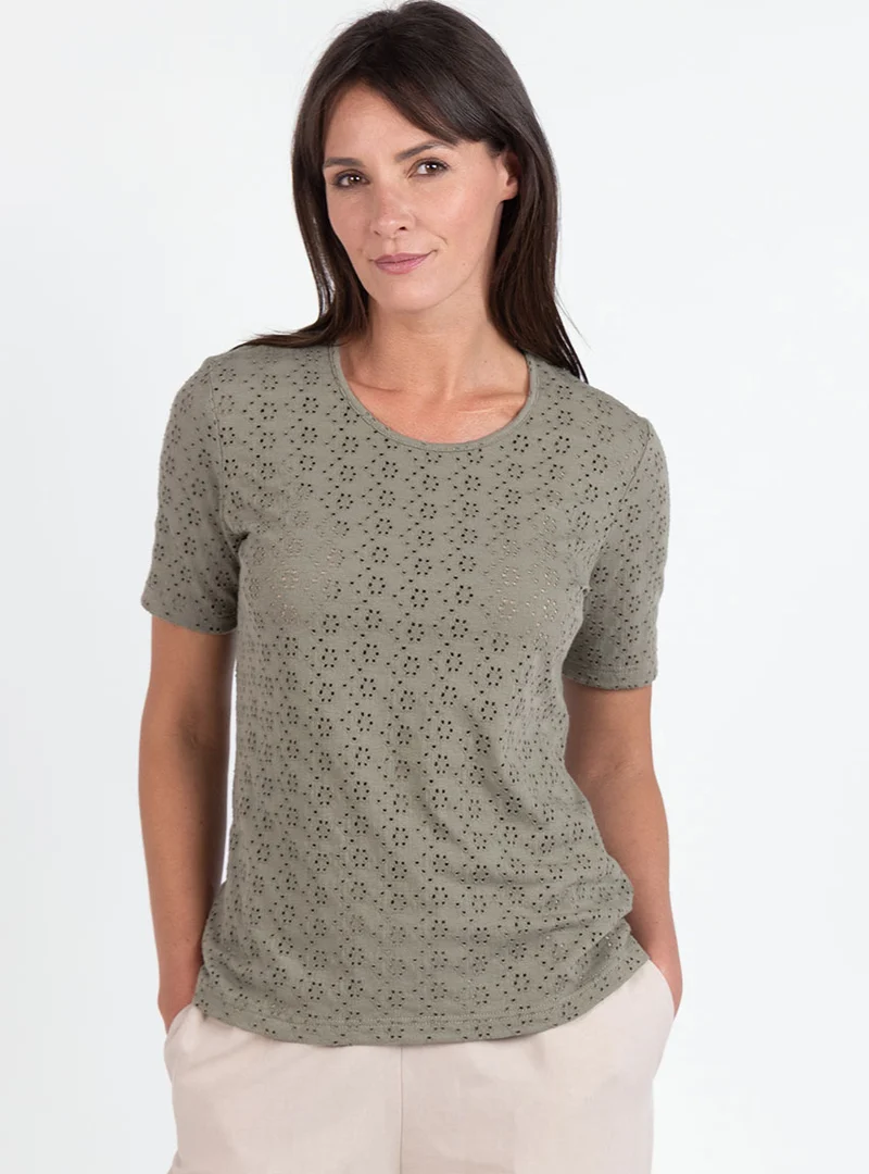 Tee-shirt femme en maille ajourée coton vert kaki