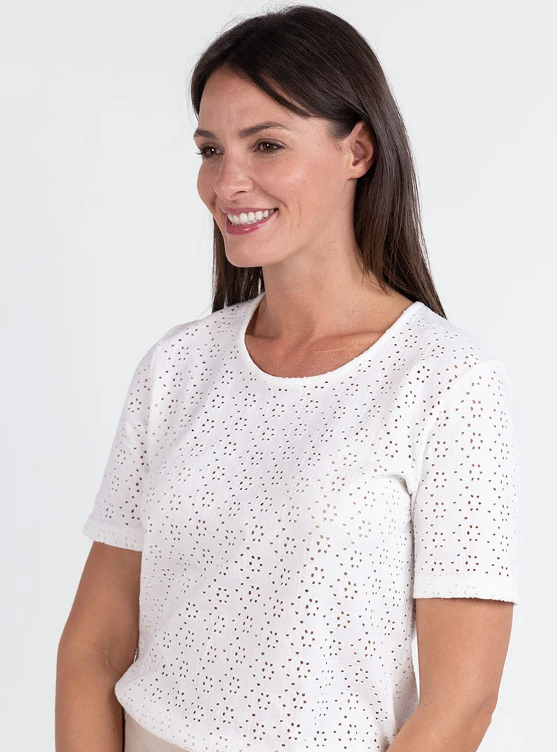 Tee-shirt femme en maille ajourée coton blanc crème