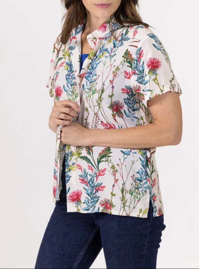 Chemisier femme en viscose imprimé herbier bleu