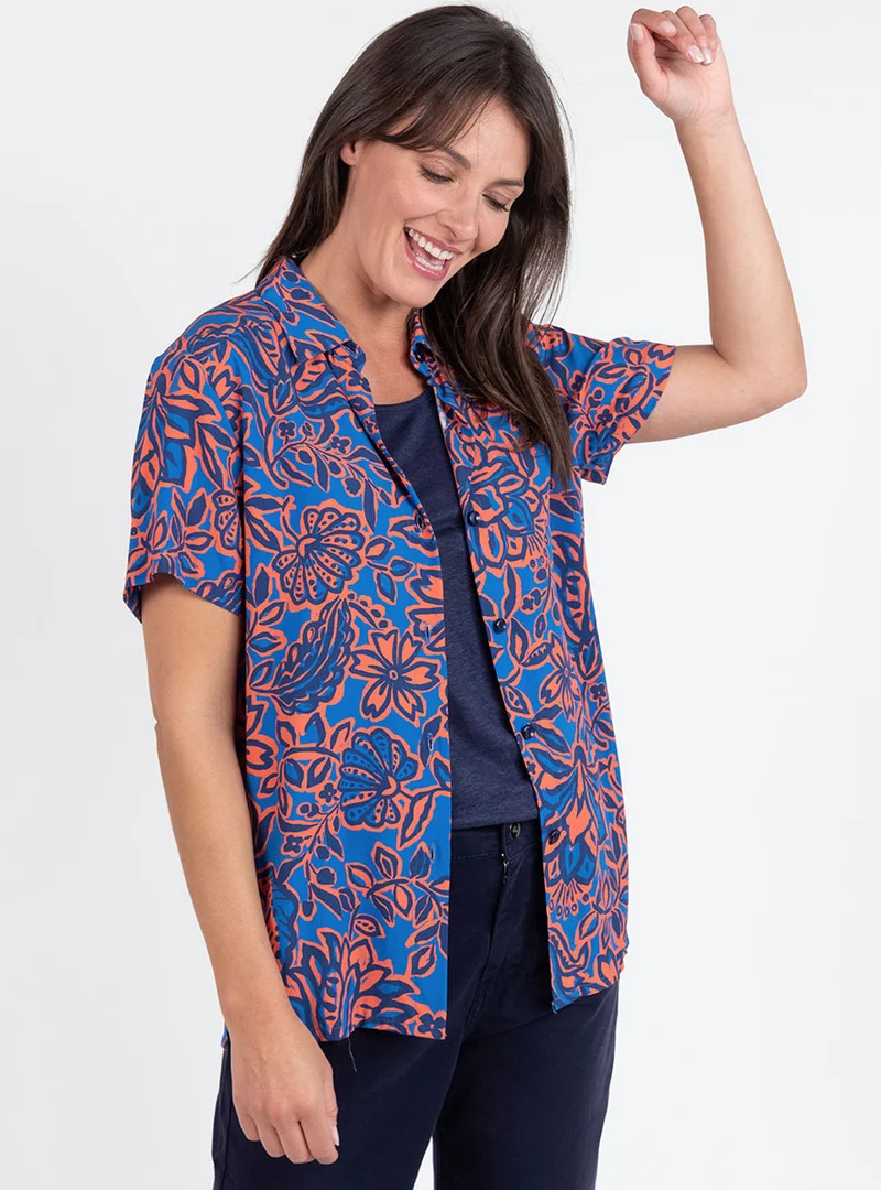 Chemisier femme en viscose imprimé floral bleu
