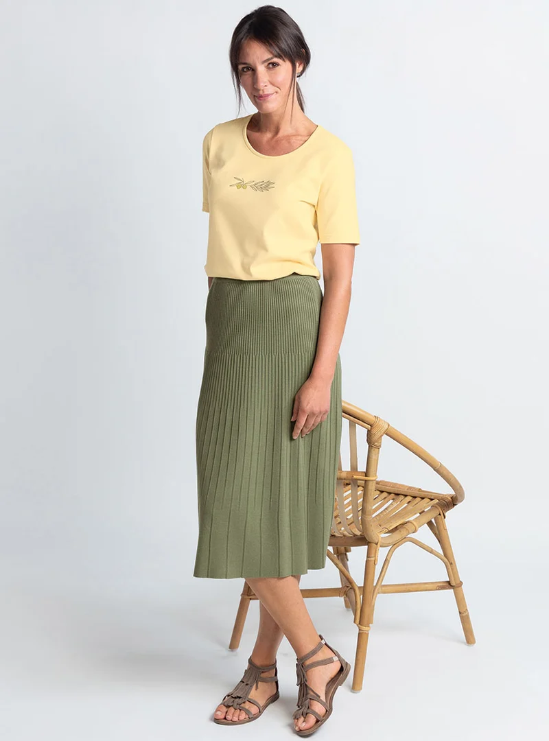 Jupe plissée femme fluide en viscose vert kaki
