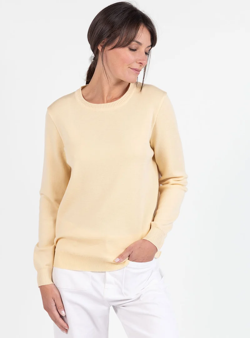 Pull femme en laine mérinos col rond jaune léger