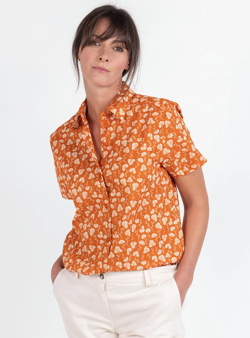 Chemisier en coton rayé imprimé orange ocre