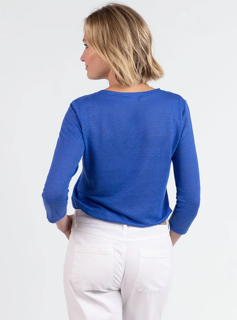 Tee-shirt femme en lin manches 3/4 bleu atlantique