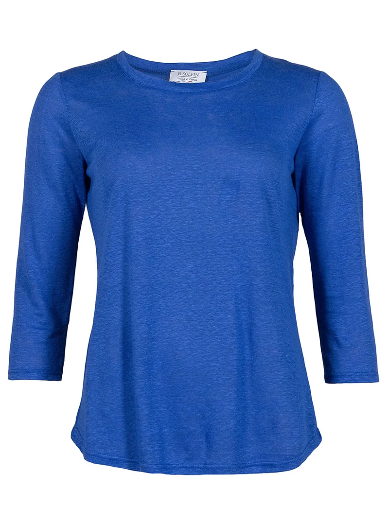 Tee-shirt femme en lin manches 3/4 bleu atlantique