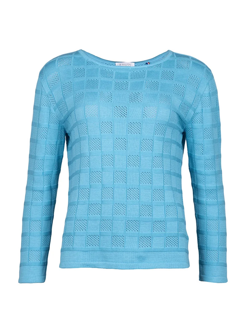 Pull femme ajouré en coton bleu turquoise