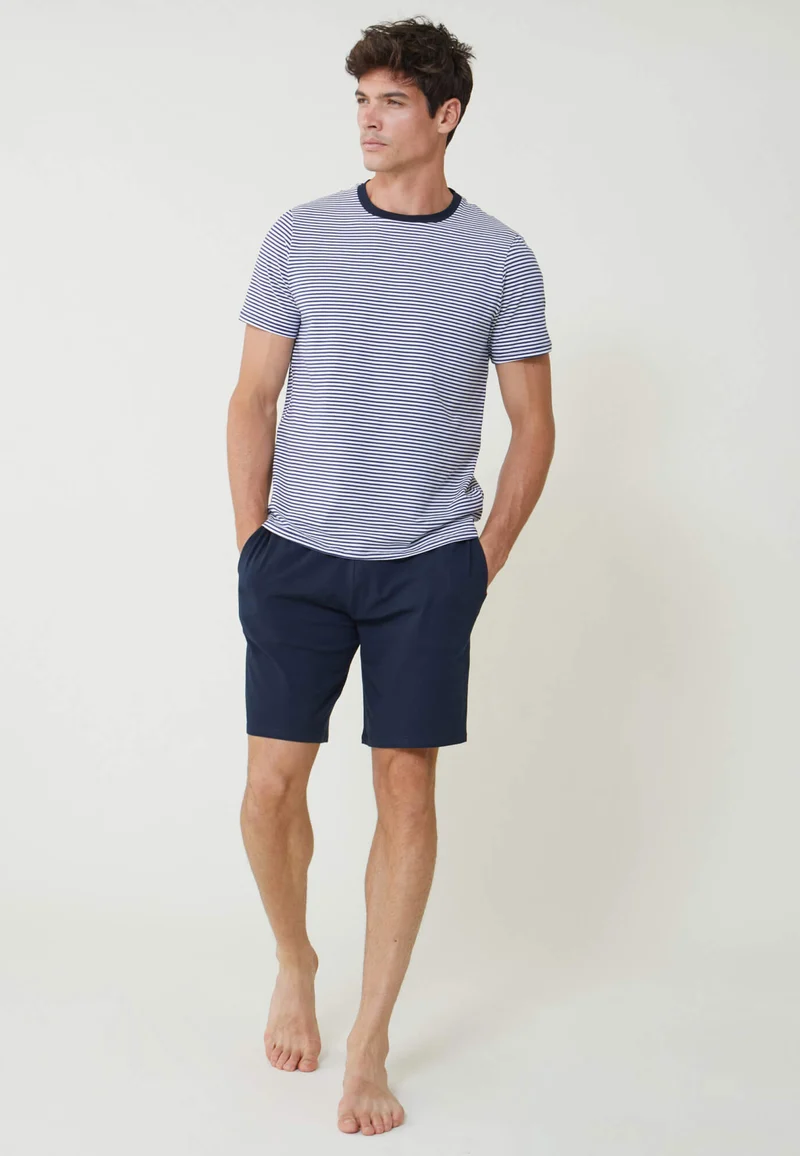 Ensemble pyjama haut marinière et short bleu marine en coton - Pyjama Haut Manches Courtes Et Bas De Pyjama Court Jeason Marine Marinière