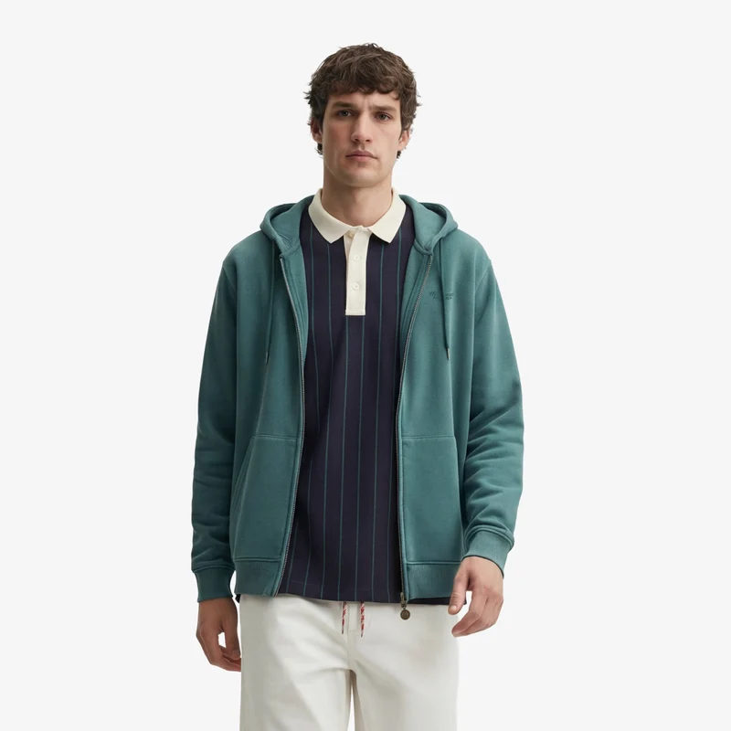 Sweat à capuche zippé teinture old en coton vert menthe