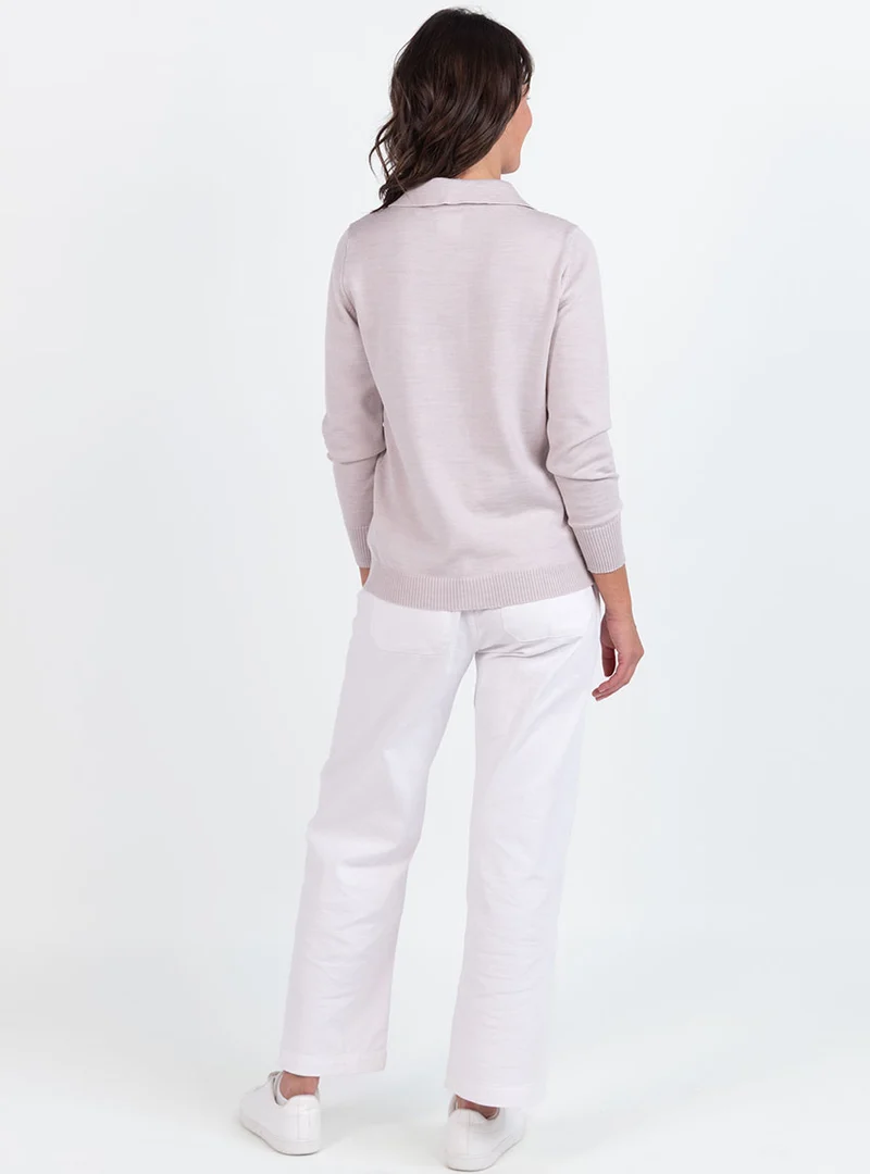 Pull femme col polo en laine beige naturel
