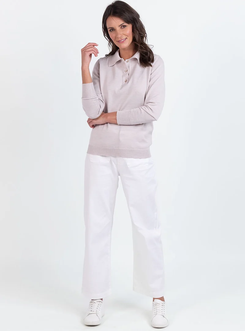 Pull femme col polo en laine beige naturel