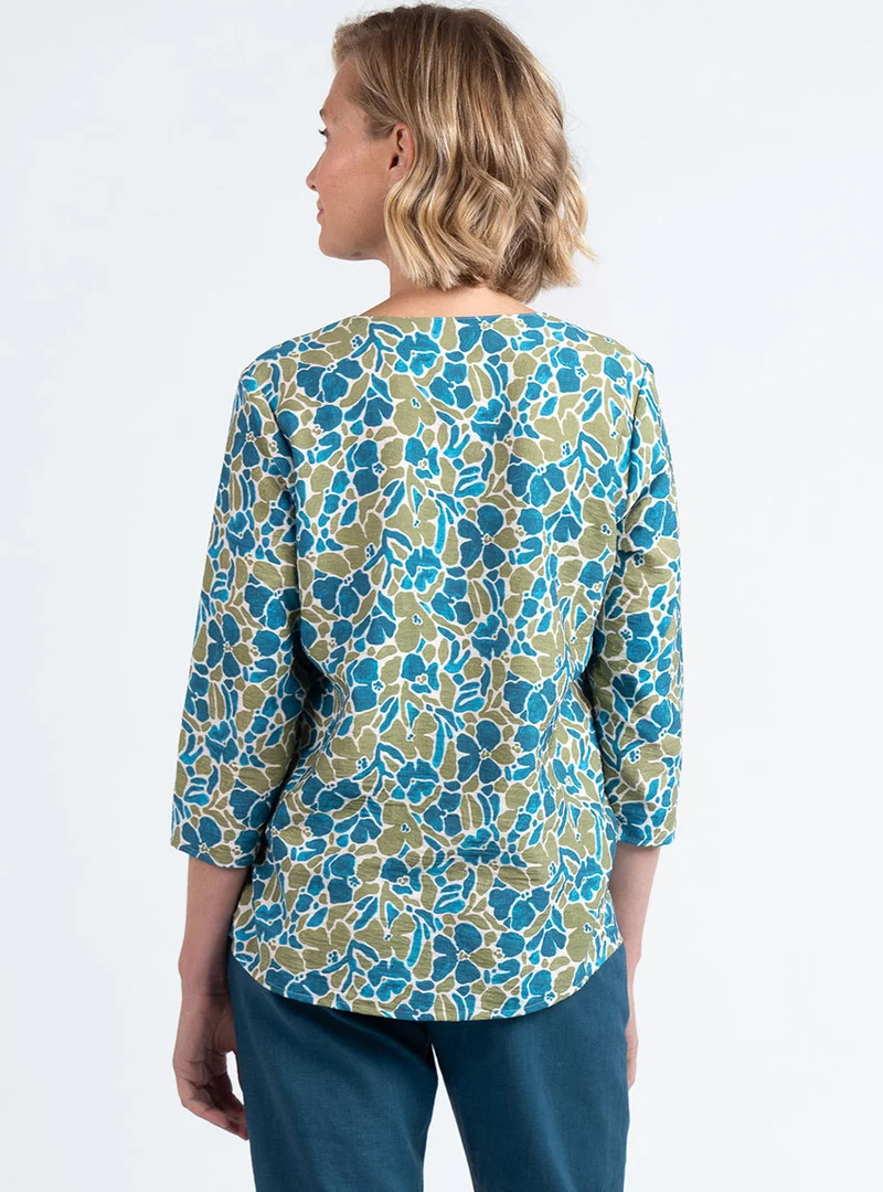 Blouse femme viscose floral bleu paon