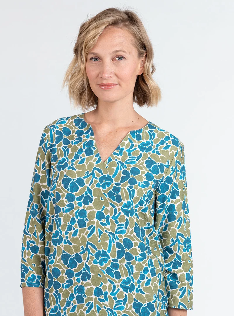 Blouse femme viscose floral bleu paon