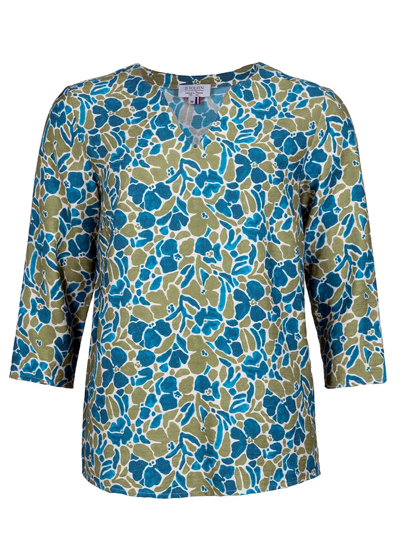 Blouse femme viscose floral bleu paon