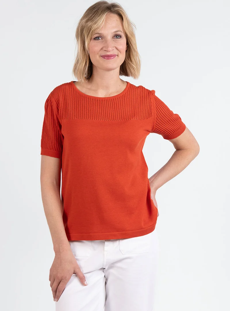 Pull femme ajouré coton orange terracotta