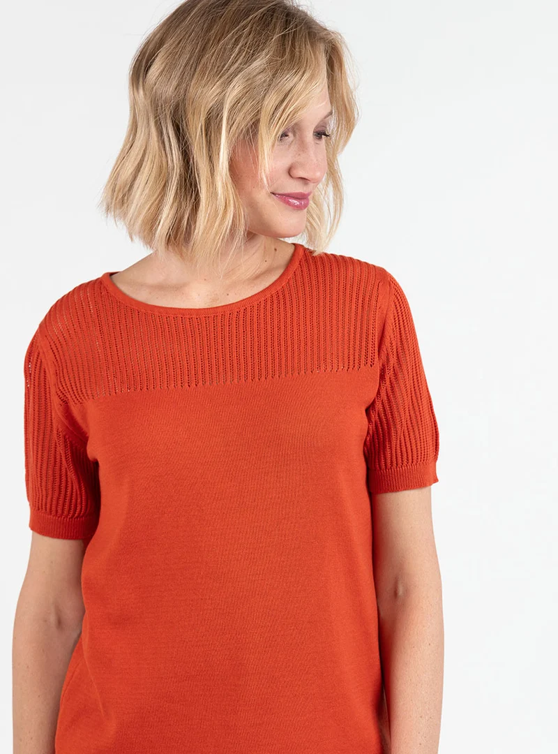 Pull femme ajouré coton orange terracotta