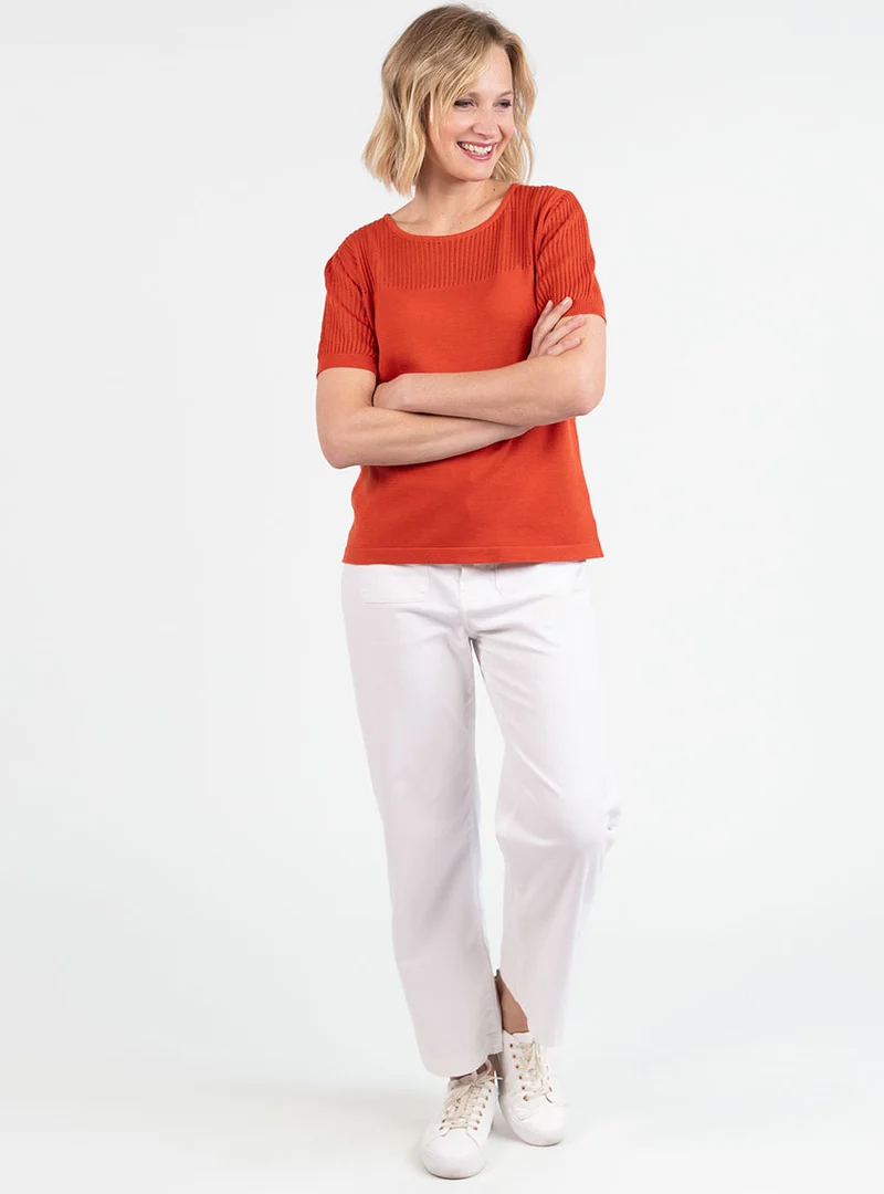 Pull femme ajouré coton orange terracotta