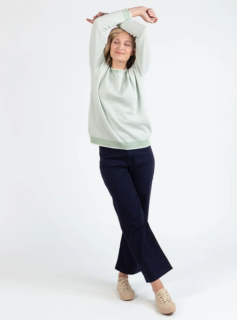 Pull femme bicolore en coton vert amande esprit vichy