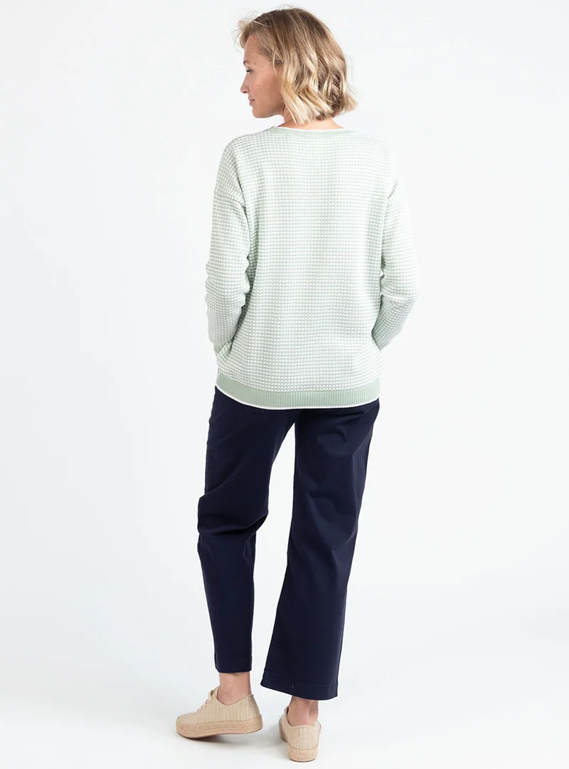 Pull femme bicolore en coton vert amande esprit vichy