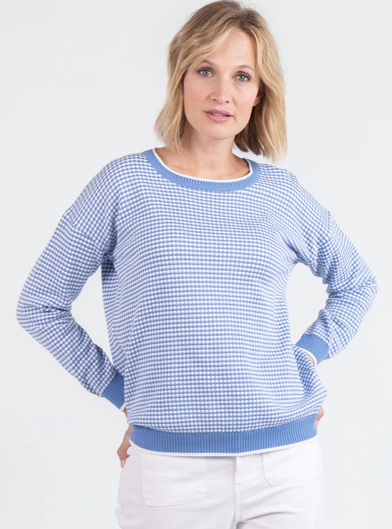 Pull femme bicolore en coton bleu pervenche esprit vichy