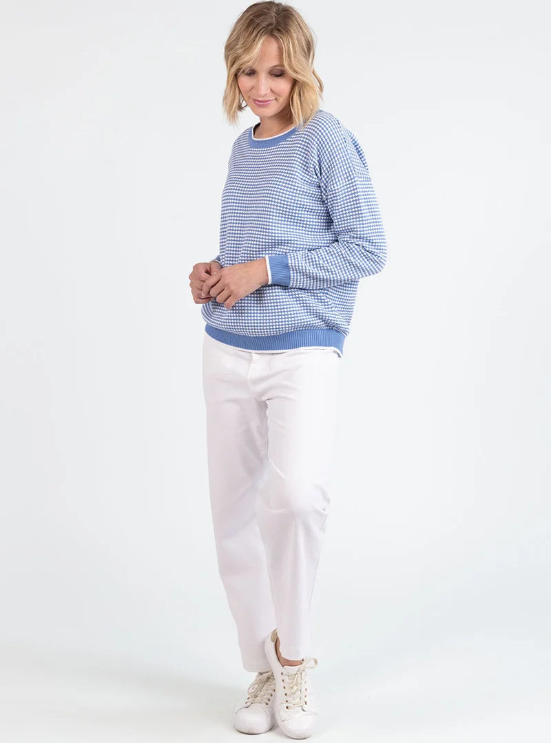 Pull femme bicolore en coton bleu pervenche esprit vichy