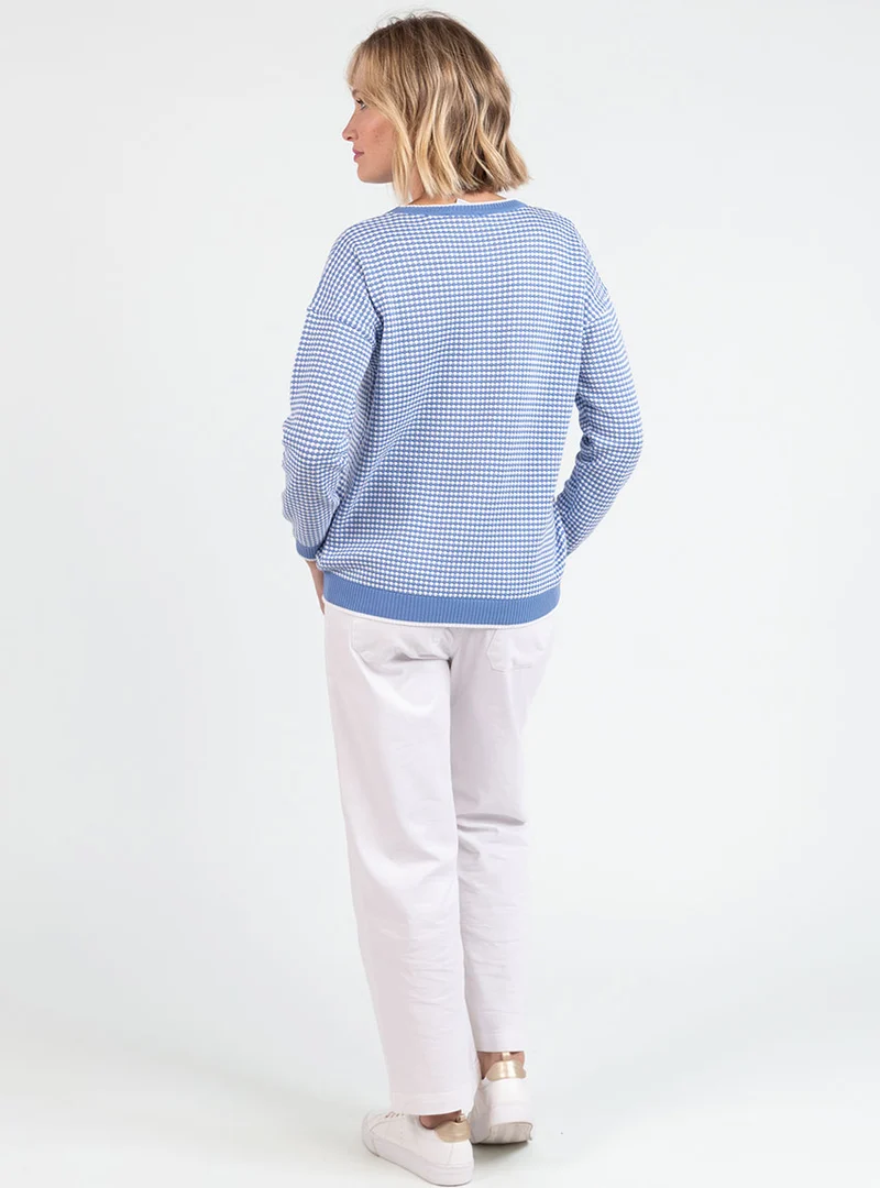 Pull femme bicolore en coton bleu pervenche esprit vichy