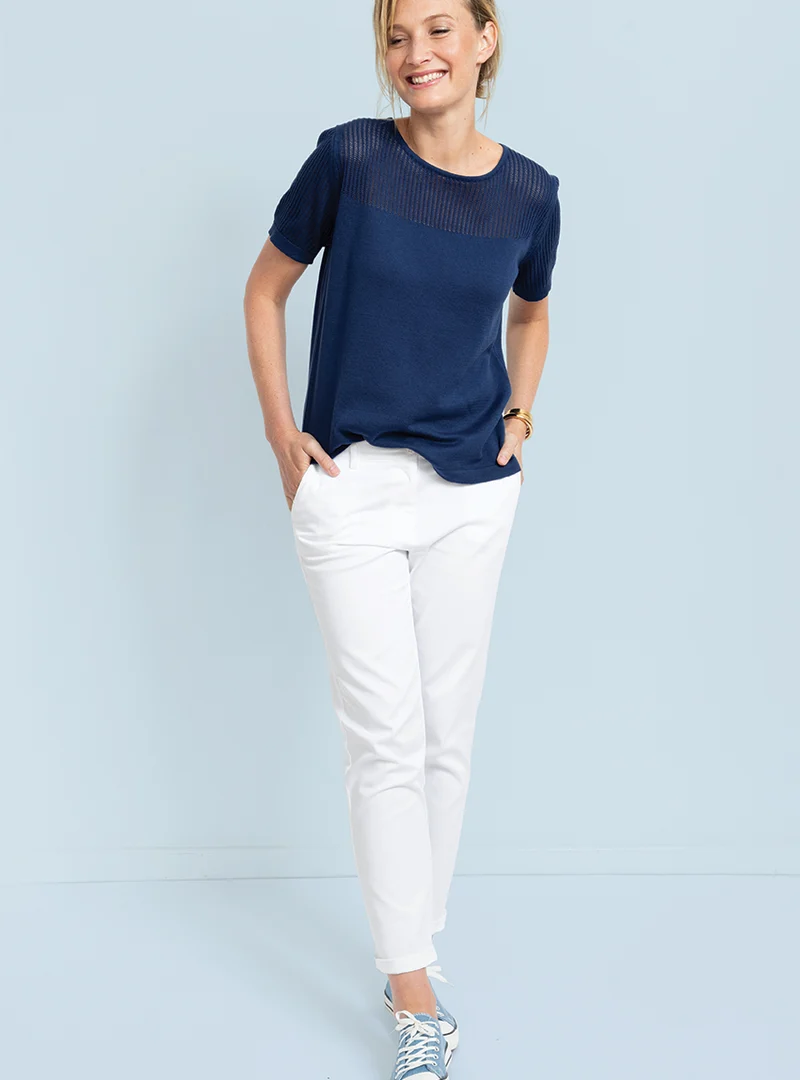 Pull femme ajouré coton bleu marine