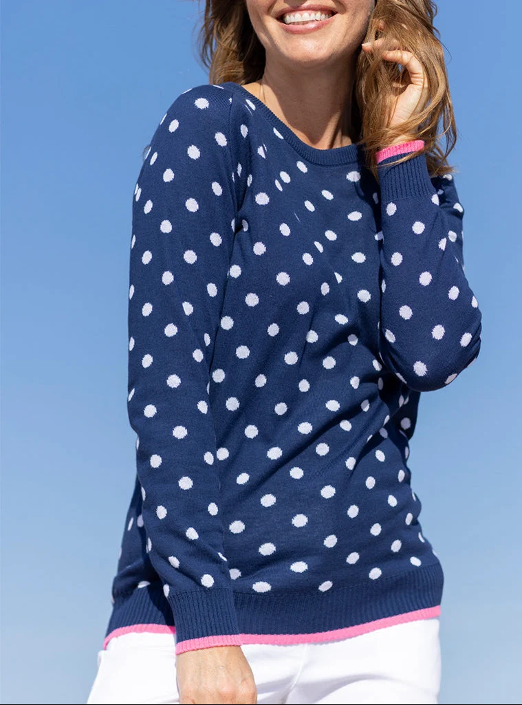 Pull femme à pois en coton bleu marine