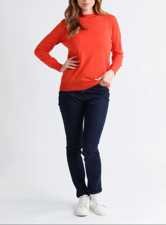 Pull femme col et maille fantaisie en laine mérinos orange