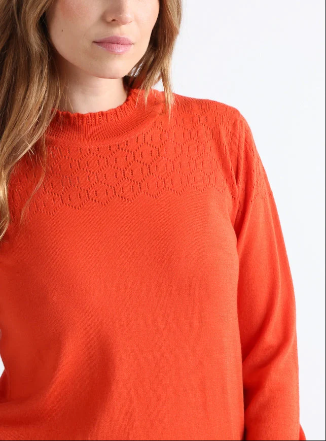 Pull femme col et maille fantaisie en laine mérinos orange