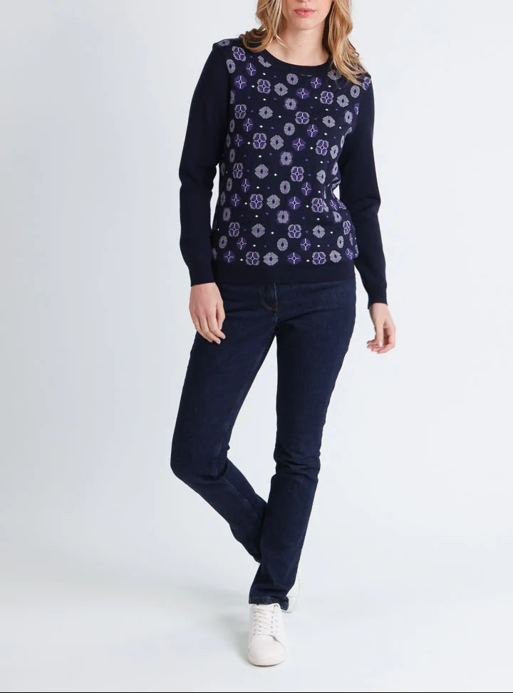 Pull jacquard femme en laine mérinos bleu