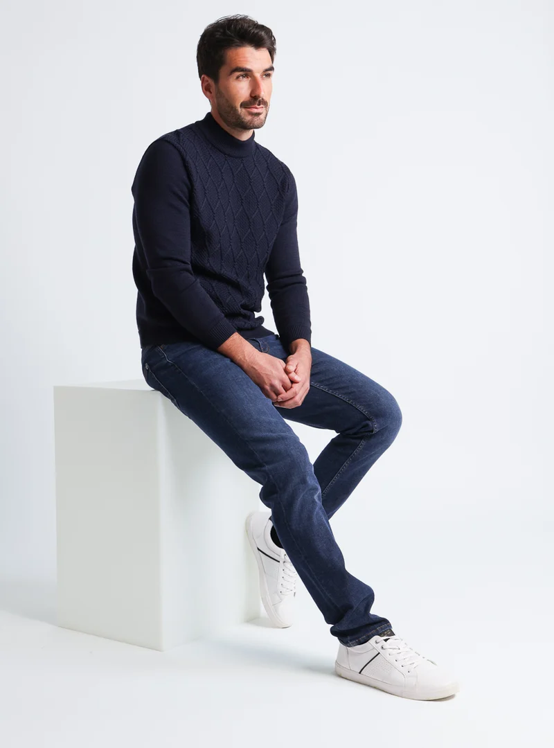 Pull homme torsades en laine mérinos bleu marine