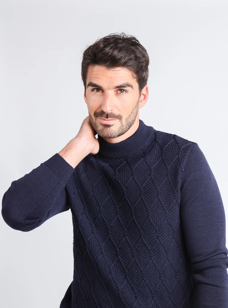 Pull homme torsades en laine mérinos bleu marine