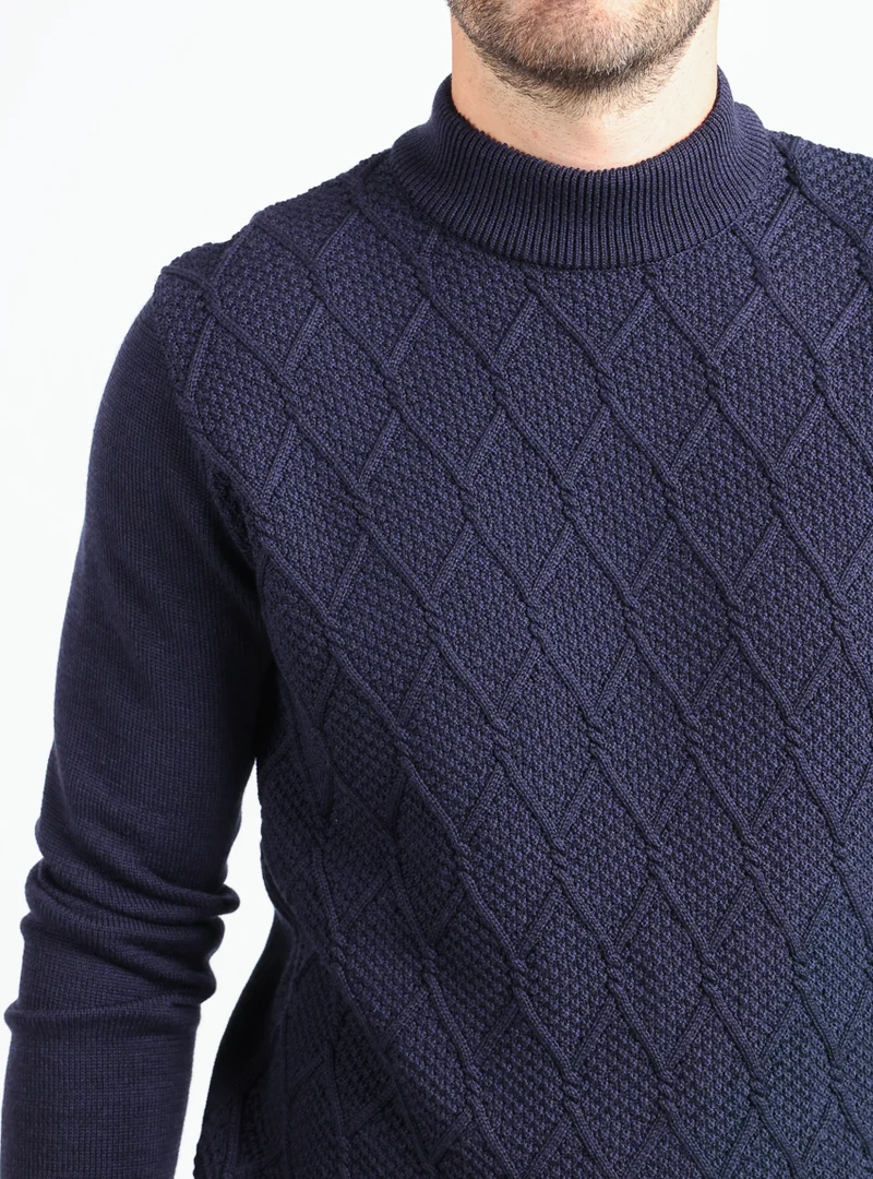 Pull homme torsades en laine mérinos bleu marine
